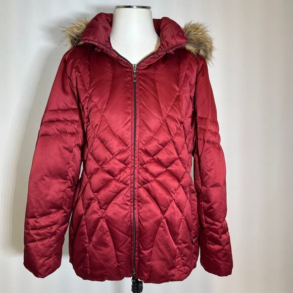 St. Johns Bay Red Quilted Puffer Down Jacket Coat Faux Fur Trim Womens Large L - Picture 1 of 12
